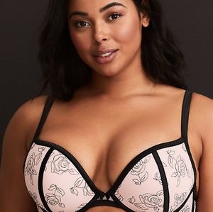 40 B  PINK EMBROIDERED SATIN PUSH-UP PLUNGE BRA